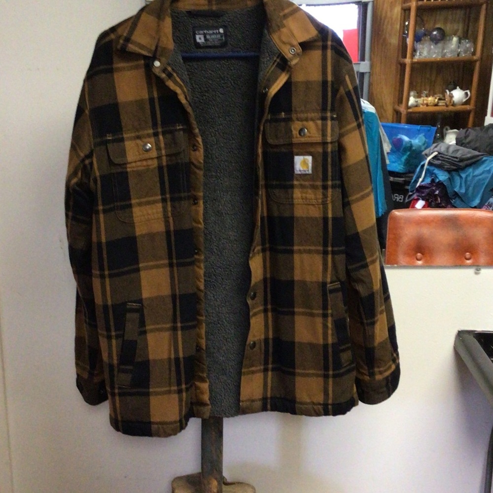 Carhartt Men's Brown and Black Plaid Lined Field Jacket